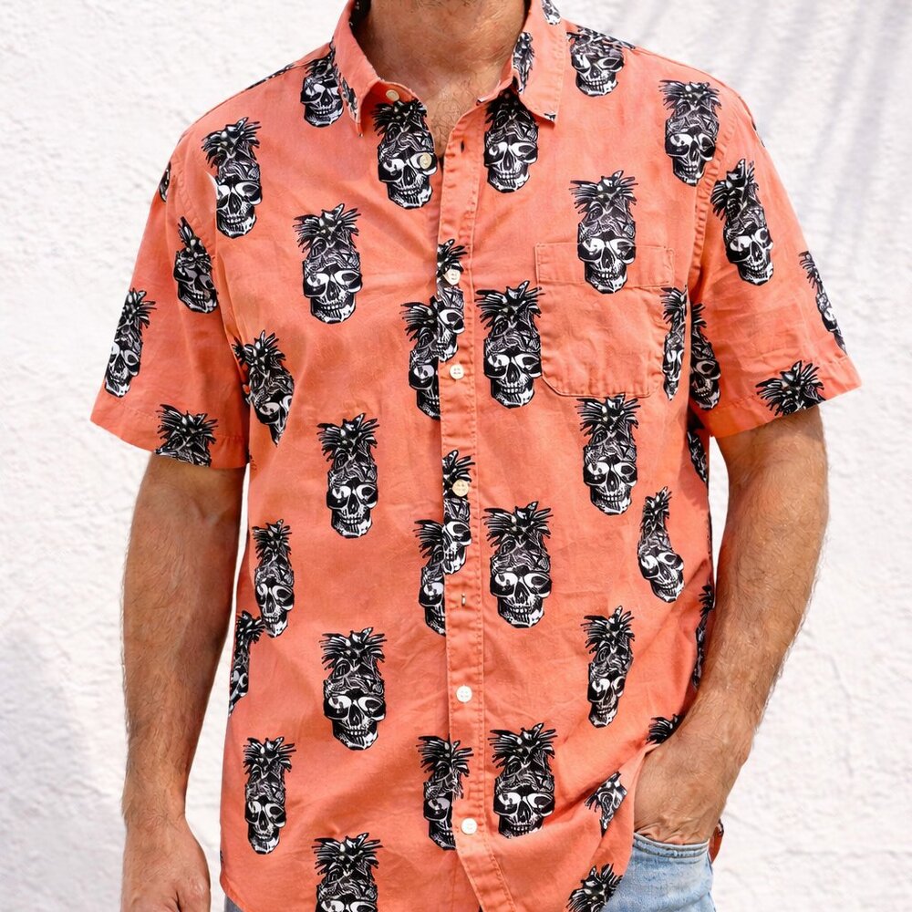 Pineapple Skull Button Down Shirt XL Coral Tropical Novelty Vacation Party
